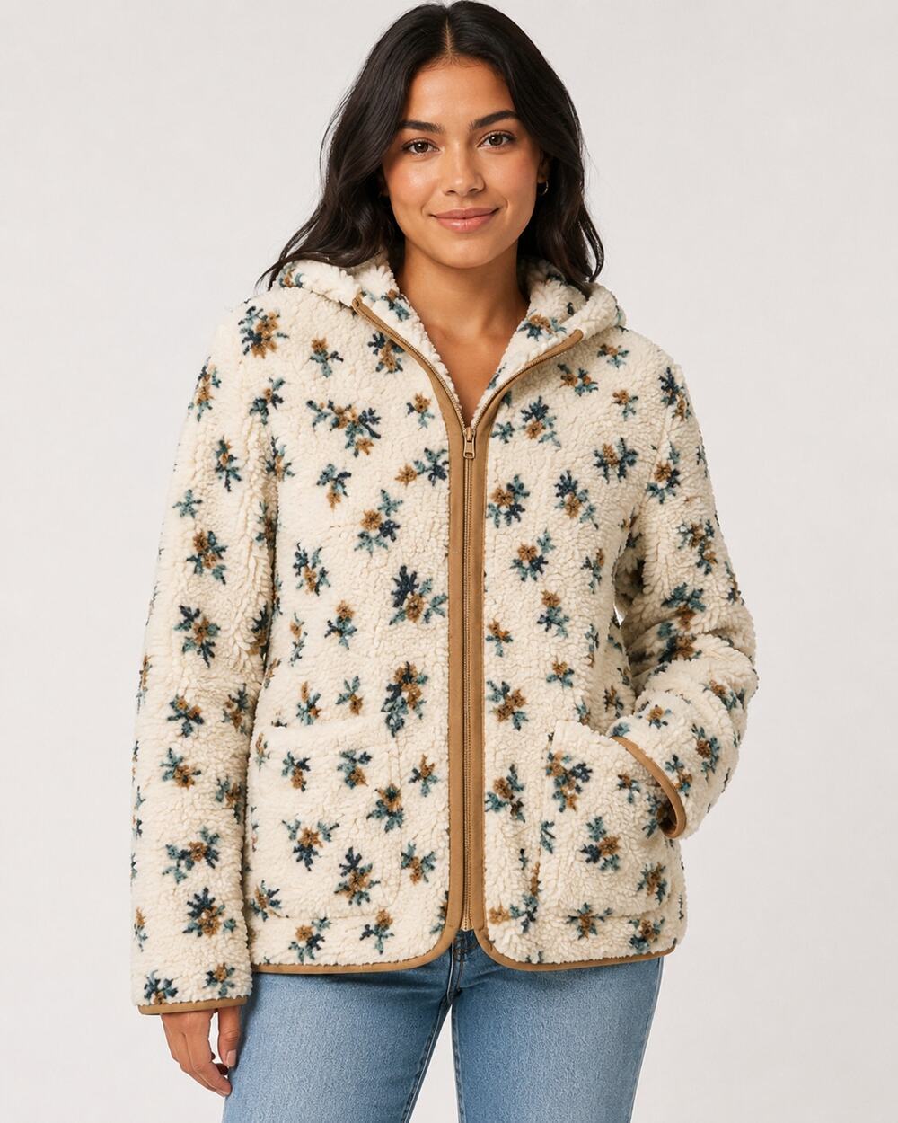 New Promesa Floral Sherpa Fleece Full Zip Hooded Jacket Women's Small Boho
